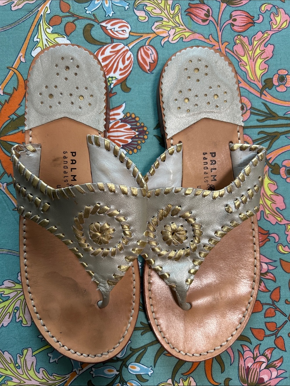 Palm Beach Sandals Metallic Silver Gold Leather Thong Shoes size 7